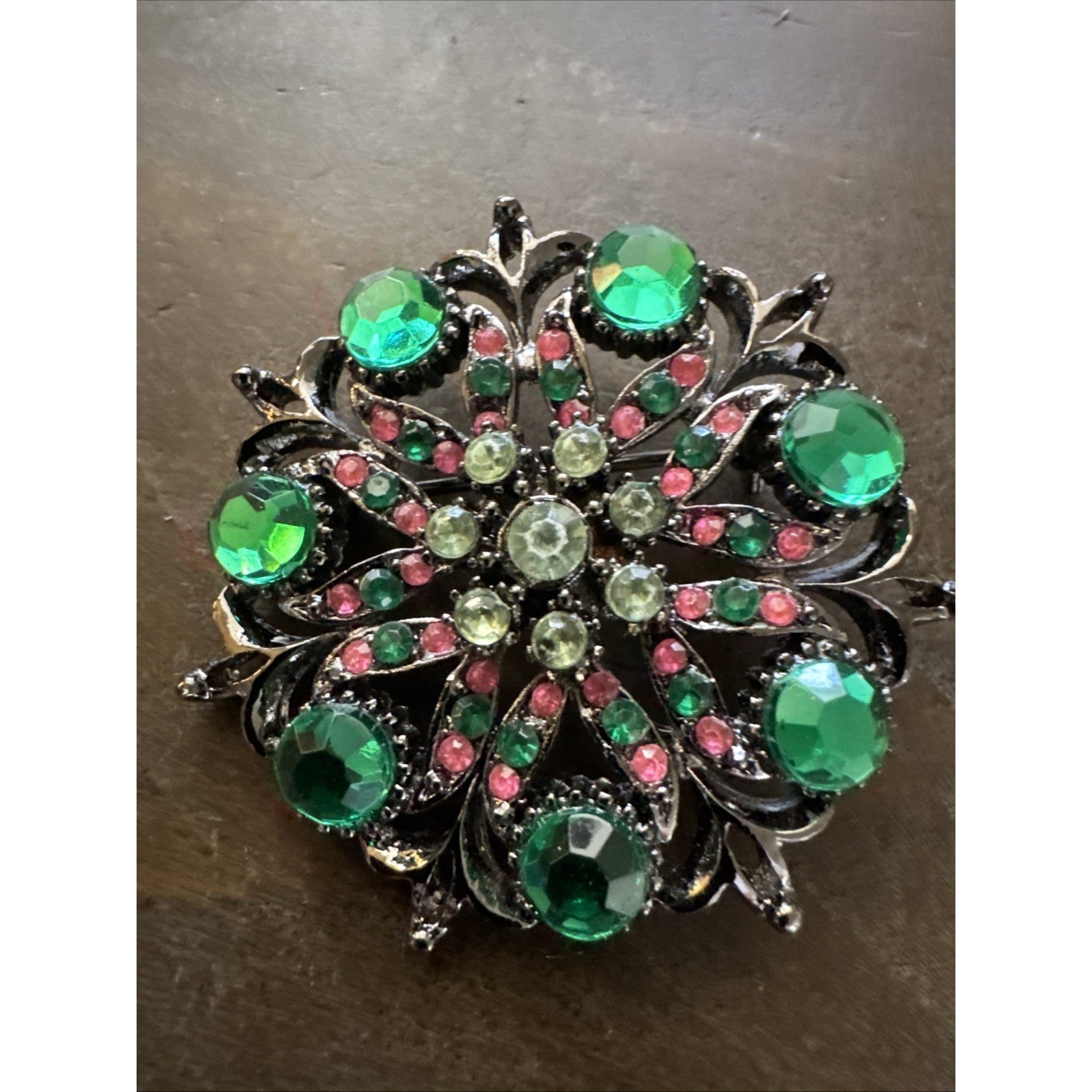 Vtg Selini Green Pink Ab Layered Flower Black Silver Tone Pin Brooch